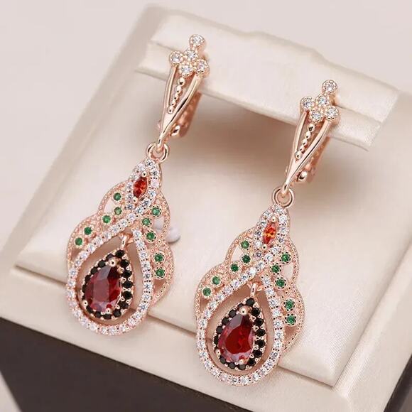 1 Pair of Golden Vintage Boho Teardrop Earring with Red Zircon Crystal Flowers. - Picture 1 of 6